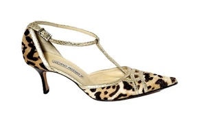 Bomba con correa en T de tacón de gatito de piel sintética LUCIANO PADOVAN 7,5/38 marrón con estampado animal - Imagen 1 de 8