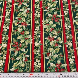 Kessler Concord Fabrics Striped Christmas Holly & Berries Cotton Half Yard - Picture 1 of 2