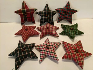 Plaid Fabric Christmas Tree Ornaments Lot of 9 Stars Rusty Jingle Bell Centers - Picture 1 of 3