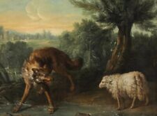 Dream-art Oil painting Jean-Baptiste-Oudry Wolf and Lamb by the river landscape