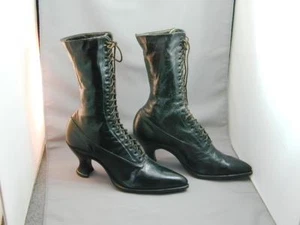 Antique Victorian Black Leather Lace Up Granny Boots Shoes Heels - Picture 1 of 11