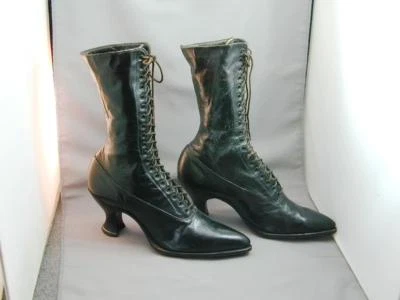 Antique Victorian Black Leather Lace Up Granny Boots Shoes Heels - Image 1 of 4