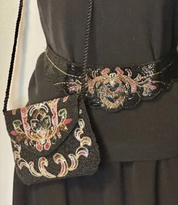 Cartera de lentejuelas multicolor negra vintage y cinturón de faja a juego, de LILLIAN VERNON Foto 1 de 4
