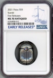 ERROR LABEL CIT 2021 Palau 1oz Silver Scarab Shaped Coin NGC 70 ER/ FR POP 15 - Picture 1 of 6