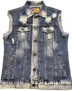Rolling Paper ~ Jean /Denim Vest L Sleeveless Frayed  All over 6 Button Med Wash - Picture 1 of 18