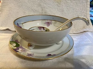 Vintage Nippon Hand Painted 3 Footed Floral Soup Mayo Bowl With Matching Ladle - Picture 1 of 5