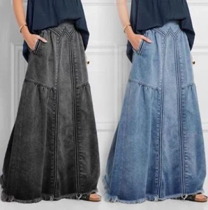 Womens 2024 Fashion Elastic Waist Distressed Frayed Denim Long A Line Skirt 6046 - Picture 1 of 9