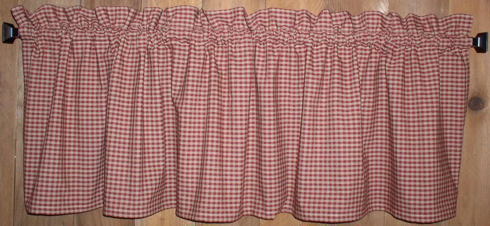 Cortinas rurais primitivas para casa de fazenda xadrez vermelho baga - Imagem 1 de 3