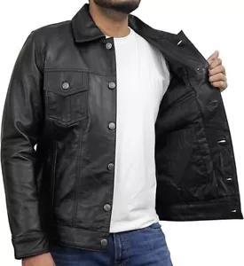 Leather Jacket For Men - Real Lambskin Vintage Trucker Style Mens Leather Jacket - Picture 1 of 5