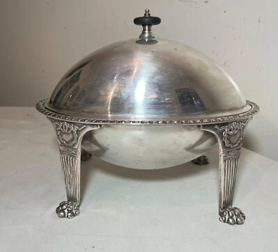antique 1800s ornate Empire silverplated footed bacon breakfast server dome dish - image 1 of 4