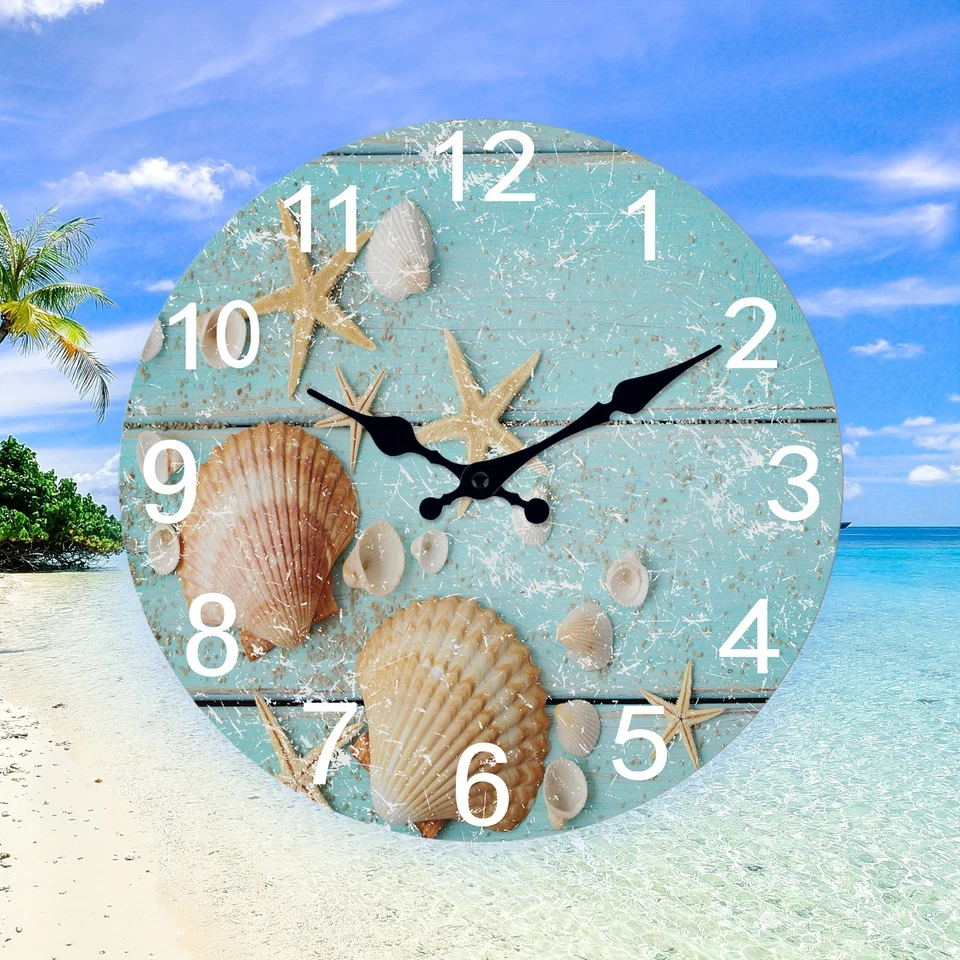 Reloj de pared de madera con temática de playa de 12-24 pulgadas, reloj grande silencioso redondo para decoración del hogar Foto 1 de 4