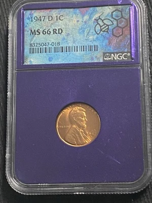 1947-D LINCOLN HEAD CENT NGC MS66 RD TRADER BEA PURPLE CORE PENNY! - Imagem 1 de 3