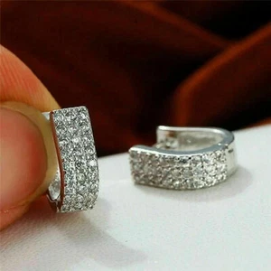 1.2 CT Round Cut White Moissanite Women's Hoop Earrings 14K White Gold Plated - Picture 1 of 8