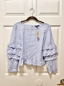 American Eagle Damen Langarm Top Bluse Gr. M Blau Boho Rüschen Baumwolle Neu mit Etikett - Bild 1 von 7