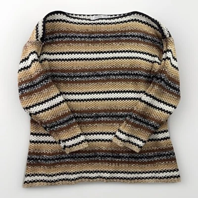VTG The Limited Knit Sweater Large Tan Brown Navy White Striped Ramie Cotton - Image 1 of 4