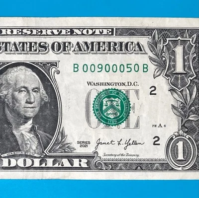 B 00900050 B : Six of a Kind 0 's $1 One Dollar Bill Fancy Serial Number - Image 1 of 3
