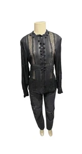 Chloe Damen Bluse Struktur Langarm Spitzenbesatz Transparent Nude Schwarz Größe S - Bild 1 von 12