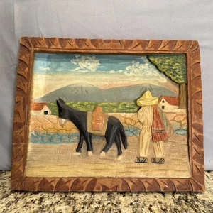Vintage Mexican Folk Art Wood Carving Bas Relief 8” X 10” One Piece Wall Hanging - Picture 1 of 9