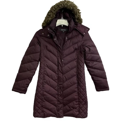 Kenneth Cole Reaction Coat Womens XS Purple Down Puffer Hooded Faux Fur Quilted - Image 1 of 4