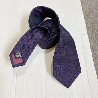 Boss Hugo Boss 意大利丝绸领带 100% 真丝紫色佩斯利花卉职业婚礼 — 第 1/4 张图片