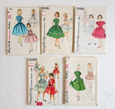 Simplicity Patterns Lot of 5, Girls Dresses Size 7 + 8 Complete 1950s MCM - Image 1 of 4