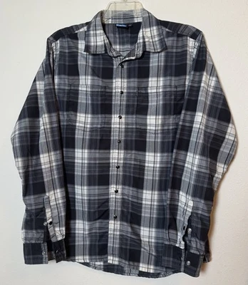 KAVU 男式 L 格子纽扣衬衫长袖黑色灰色户外休闲 — 第 1/3 张图片