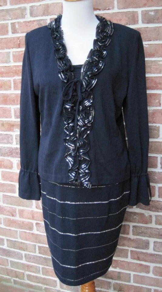 Conjunto de 3 piezas de chaqueta de lentejuelas St John Evening azul marino plateado talla 8 falda sin mangas M talla 6 Foto 1 de 4