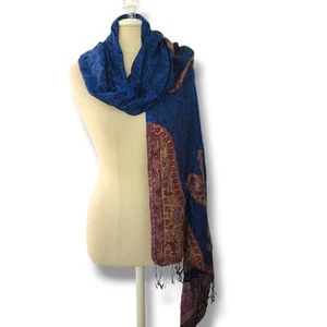 Pashmina Shawl Scarf Large Wool Blend Soft Blue Gold Tan Reversible Travel - Picture 1 of 9