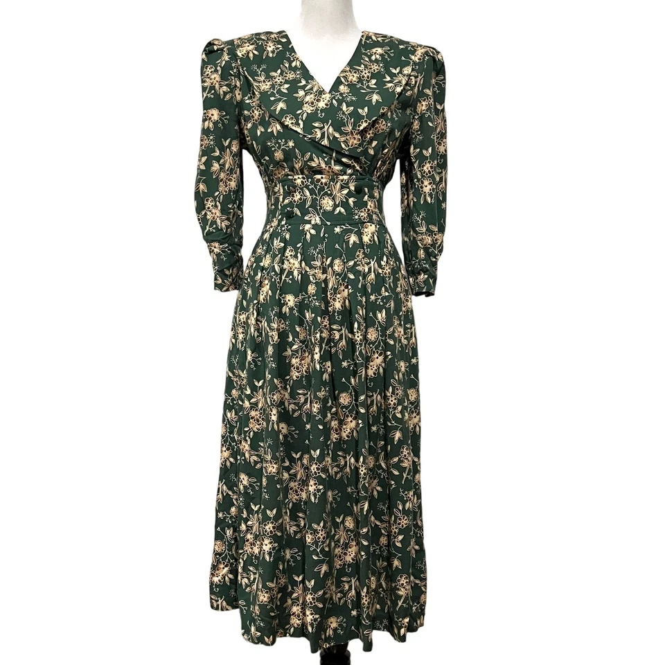 Vintage L.G. Star Green Floral Midi Dress Collar Pleated Shoulders Women’s Sz 8 - Image 1 of 4