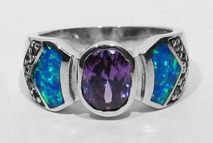 Vintage 925 Silver Purple .75ct Amethyst & Opal Inlay Quartz Gemstones Ring 6.5 - Picture 1 of 7