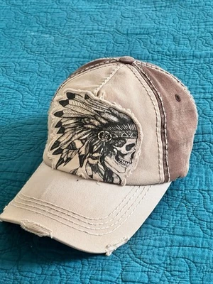 Sombrero/Gorra Kbethos Indian Skull Unisex Envejecido Negro y Tostado - Costuras Pesadas Foto 1 de 4