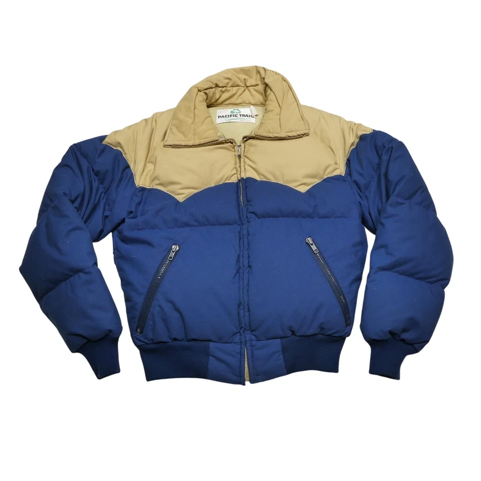 Vintage Pacific Trail Jacket Mens Small Blue Tan Down Puffer Made USA Retro 80s - Image 1 of 4
