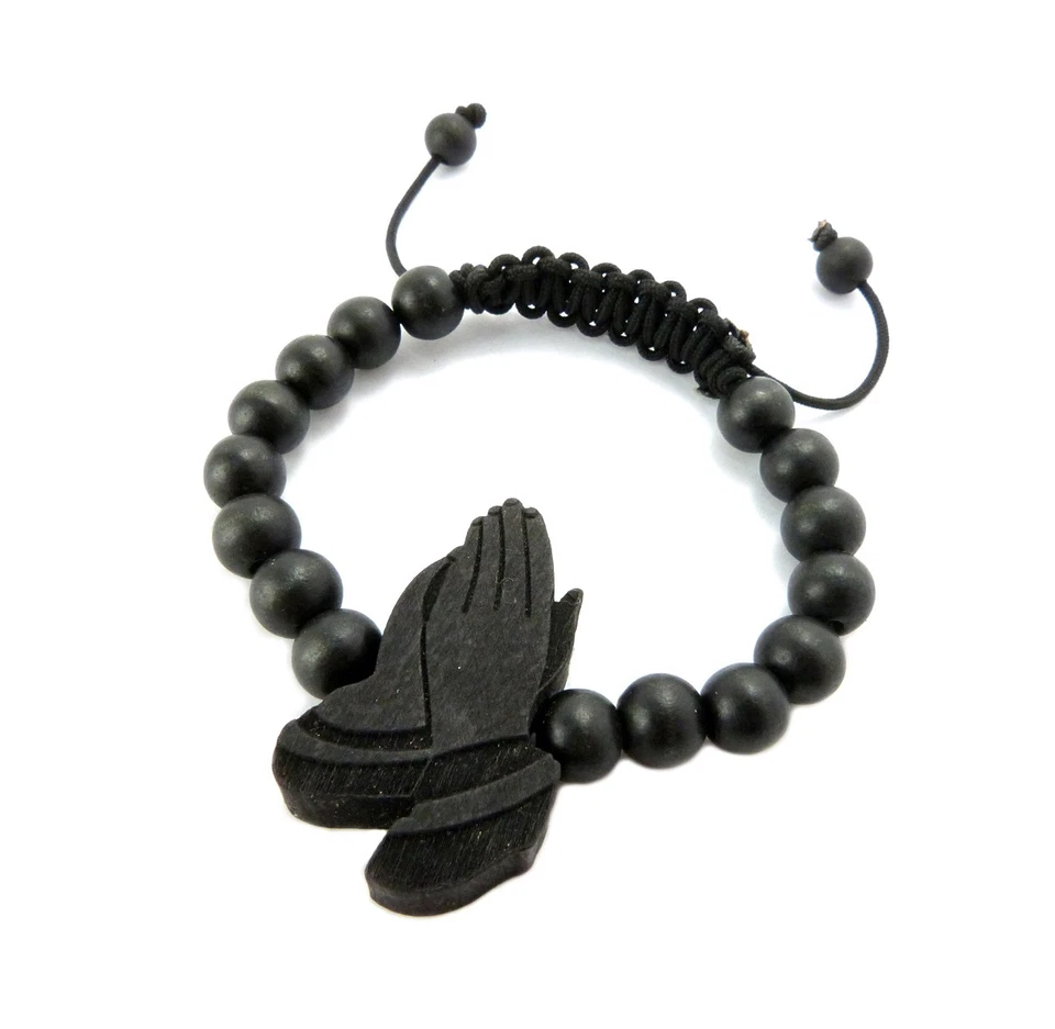 Good Quality Wood PRAYING HANDS Pendant Adjustable Hip Hop Wood Bracelet FWB23 - Image 1 of 1