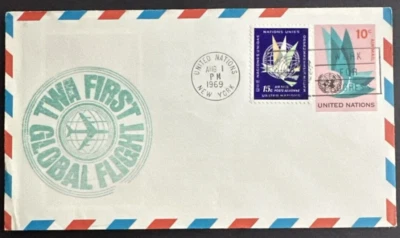 United Nations UN 1969 UC8 Postal Stationery TWA 1st Global Flight New York - Image 1 of 2