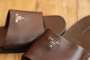 Prada Brown Leather Sandals Sliders Shoes Mens UK 10 US 11 EU 44 Italian Made - Picture 1 of 13