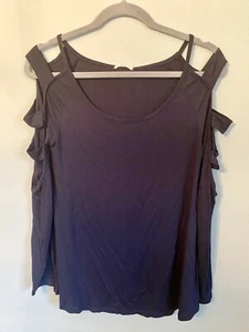 e. Luna NWT Long Sleeve Dark Midnight Blue Cold Shoulder Knit Shirt Womens Small - Picture 1 of 8