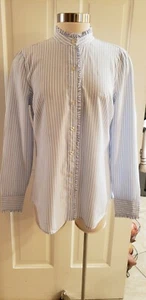 VINEYARD VINES BLUE STRIPE RUFFLE BUTTON DOWN BLOUSE SHIRT RAYON BLEND SIZE 10 - Picture 1 of 11