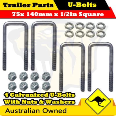 4 x U-Bolts 75mm x 140mm Square with Nuts Galvanized Trailer Box Boat Caravan - image 1 of 2