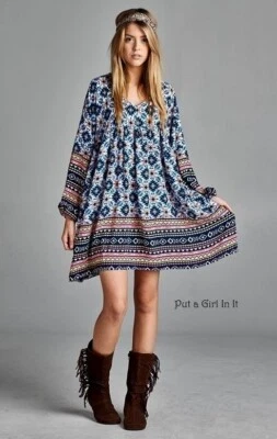 Nuevo VELZERA Mujer AZUL AZTECA BOHEMIA GITANA BABYDOLL CAMISA TÚNICA VESTIDO S M Foto 1 de 3