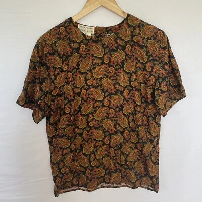 Blusa vintage Rena Rowan para Saville - Paisley negra, dorada, roja, verde. Talla 6 Foto 1 de 4