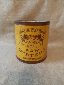 Lata de ostras de galón vintage embalaje atlántico marca majestuosa ostras Baltimore MD - Imagen 1 de 10
