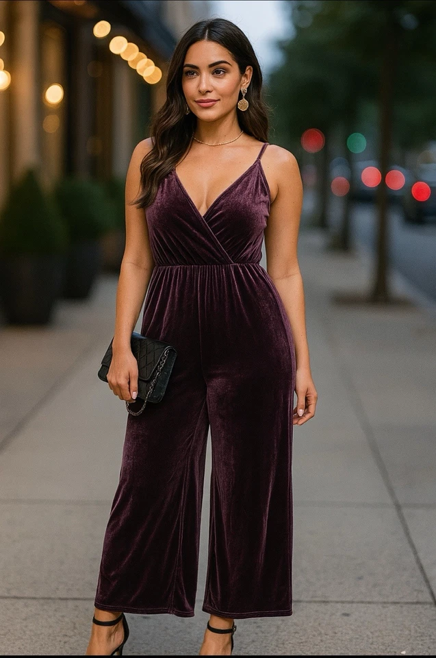 Mono de terciopelo púrpura para mujer grande de terciopelo pierna ancha fecha noche tranquilo lujo Foto 1 de 4