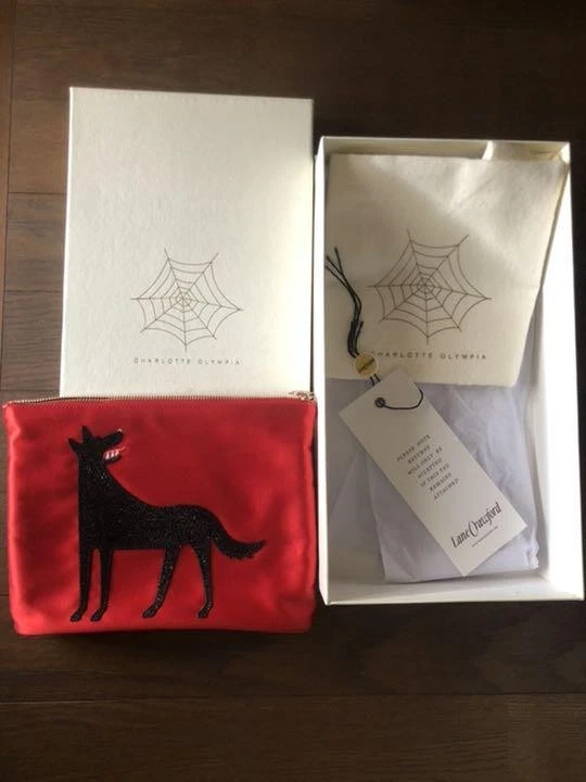 Auth Charlotte Olympia Cluch Bag Pouch pochette Wolf motif Red w/box Used - Image 1 of 4