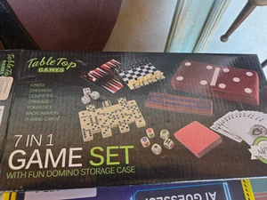 Vtg 7 in 1 Mini Travel Game Set Chess Backgammon Dominoes Cards Dice Cribbage - Picture 1 of 7