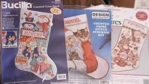 3 christmas stocking patterns cross stitch Let it Snow, Folkart Santa, Cats - Picture 1 of 2