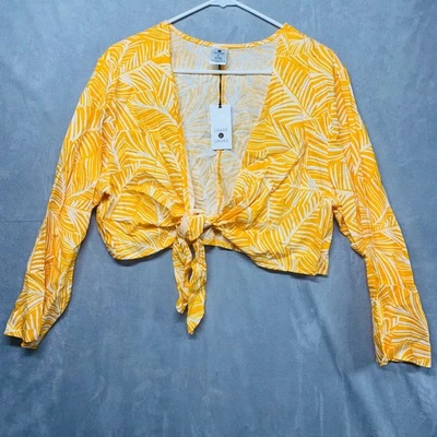Shade & Shore Yellow Palm Leaf Print Tie Front Cropped Long Sleeve Blouse XL - Image 1 of 4