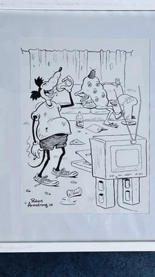 Dibujo a tinta Robert Armstrong 2009. Mickey Ratt and A Couch Potato firmado Foto 1 de 4