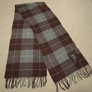 Barbour Scarf Lambs Wool Green & Grey 6 Square Detail Tassels 159/31cm PreOwned - Picture 1 of 12