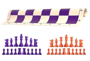 Piezas de ajedrez púrpura y naranja y tablero de vinilo púrpura de 20" - Juego de ajedrez triple peso - Imagen 1 de 4