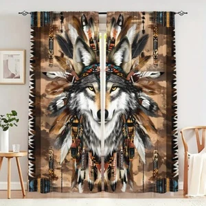 2Pcs Tribal Leader Wolf Window Curtain Drapes Bedroom Living Room Kitchen Door - Picture 1 of 17